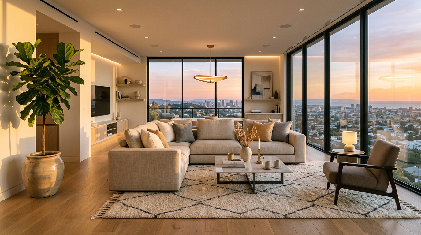 Premium Wohnzimmer mit stimmungsvoller Beleuchtung