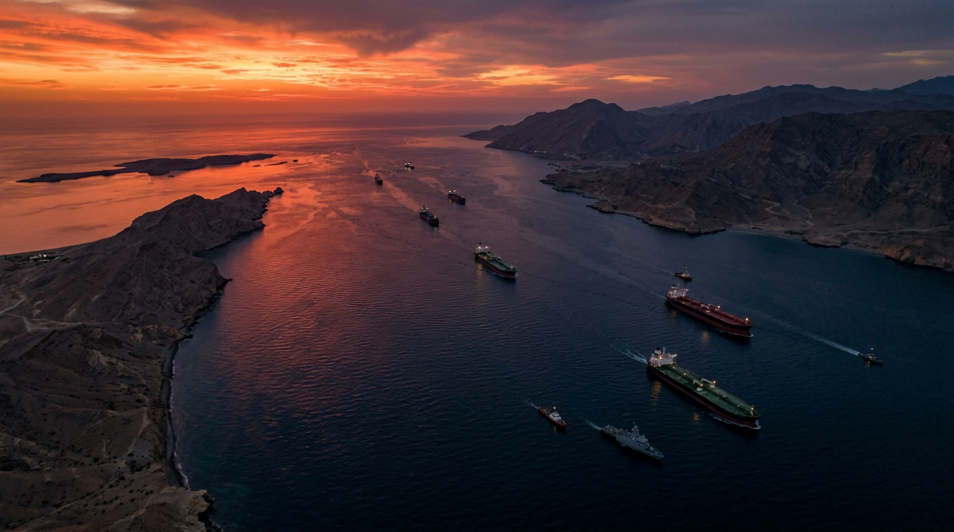 Straße von Hormuz bei Sonnenuntergang mit Tankern